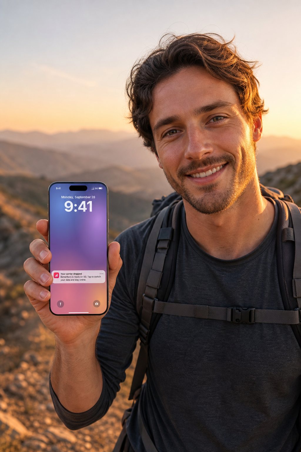 Hiker on a ridge at sunset holding up a phone that has just switched to its backup line